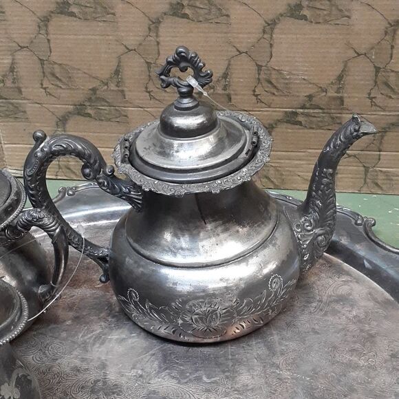 6 pc. Vintage Homan Silver plate Co tea pot, cream & sugar set, tray READ! - Picture 3 of 16